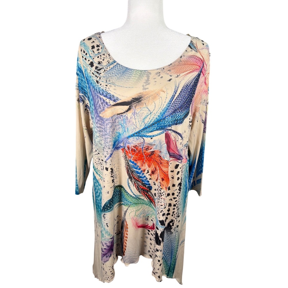 Jostar Women XL Feather Animal Print Rhinestone Slinky Knit Tunic Top 177HT-QU-R